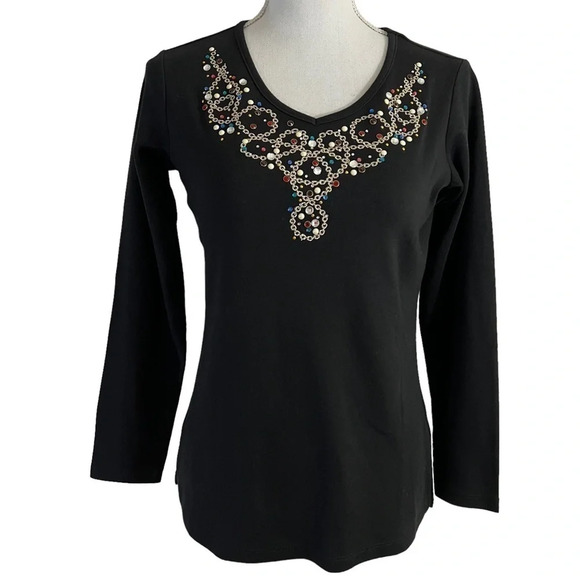 Quacker Factory Blouse XXS Black Knit Colorful Rhinestone Studs Gold Embroidered - Picture 1 of 8